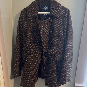 Green Envy Brown Polka Dot Pea Coat